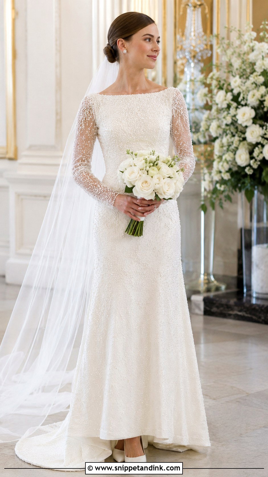Beaded Boat Neck Wedding Dress With Long Sleeves - Snippet and Ink - 20 Boat Neck Wedding Dress with Sleeves