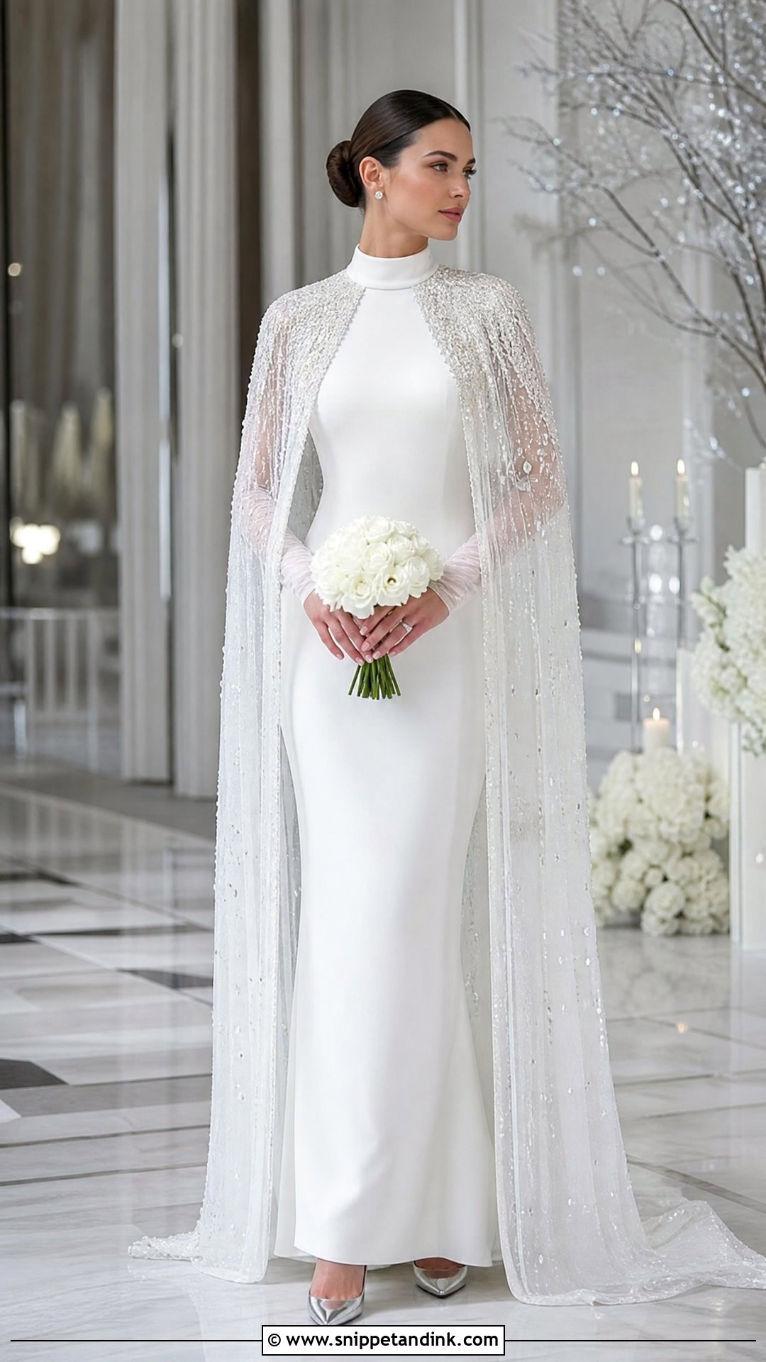 Beaded Bridal Cape With High Neck Crepe Dress - Snippet and Ink - 20 Winter Bridal Cape Ideas