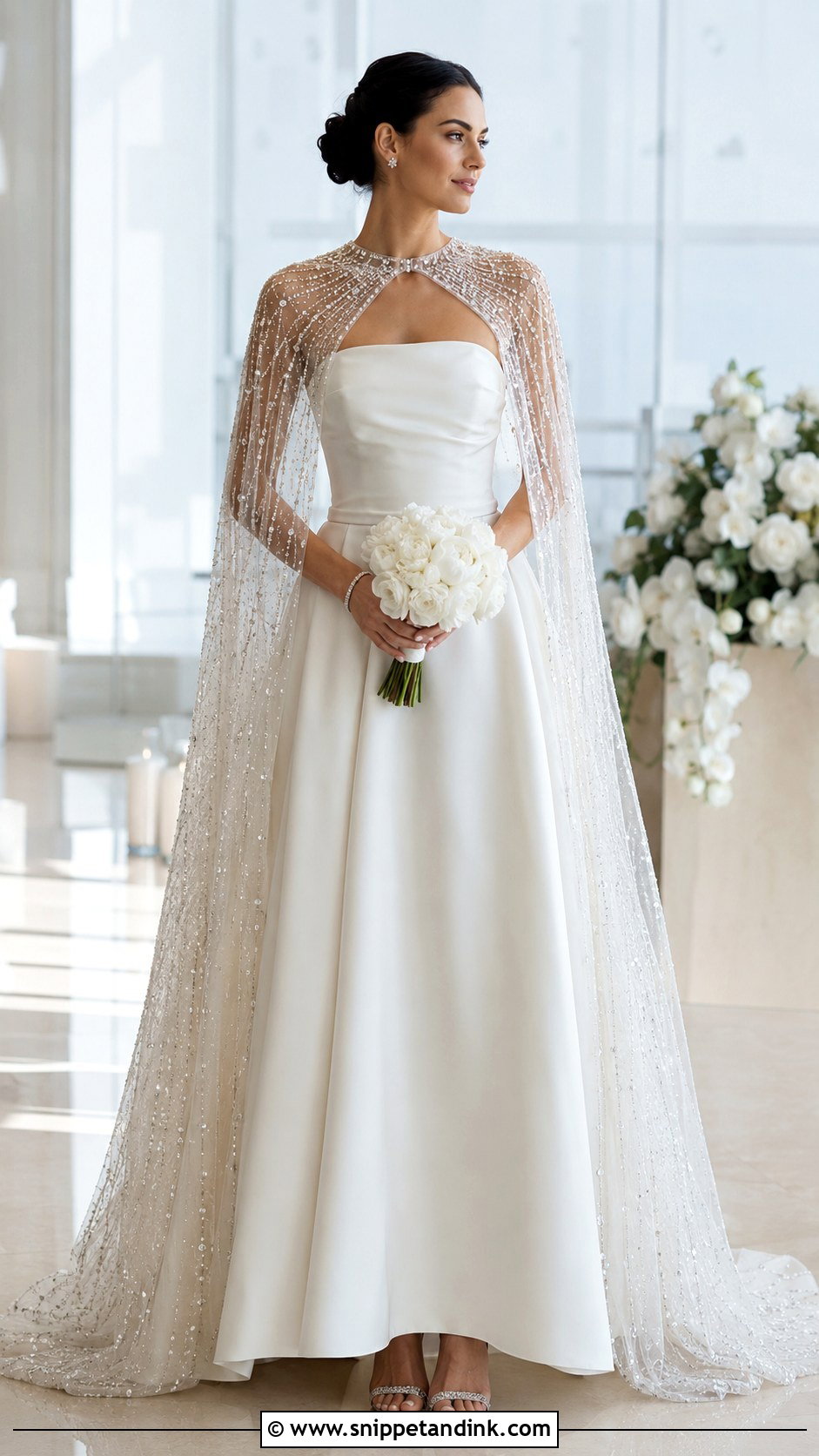 Beaded Bridal Cloak With Strapless Wedding Dress - Snippet and Ink - 20 Bridal Cloak Ideas
