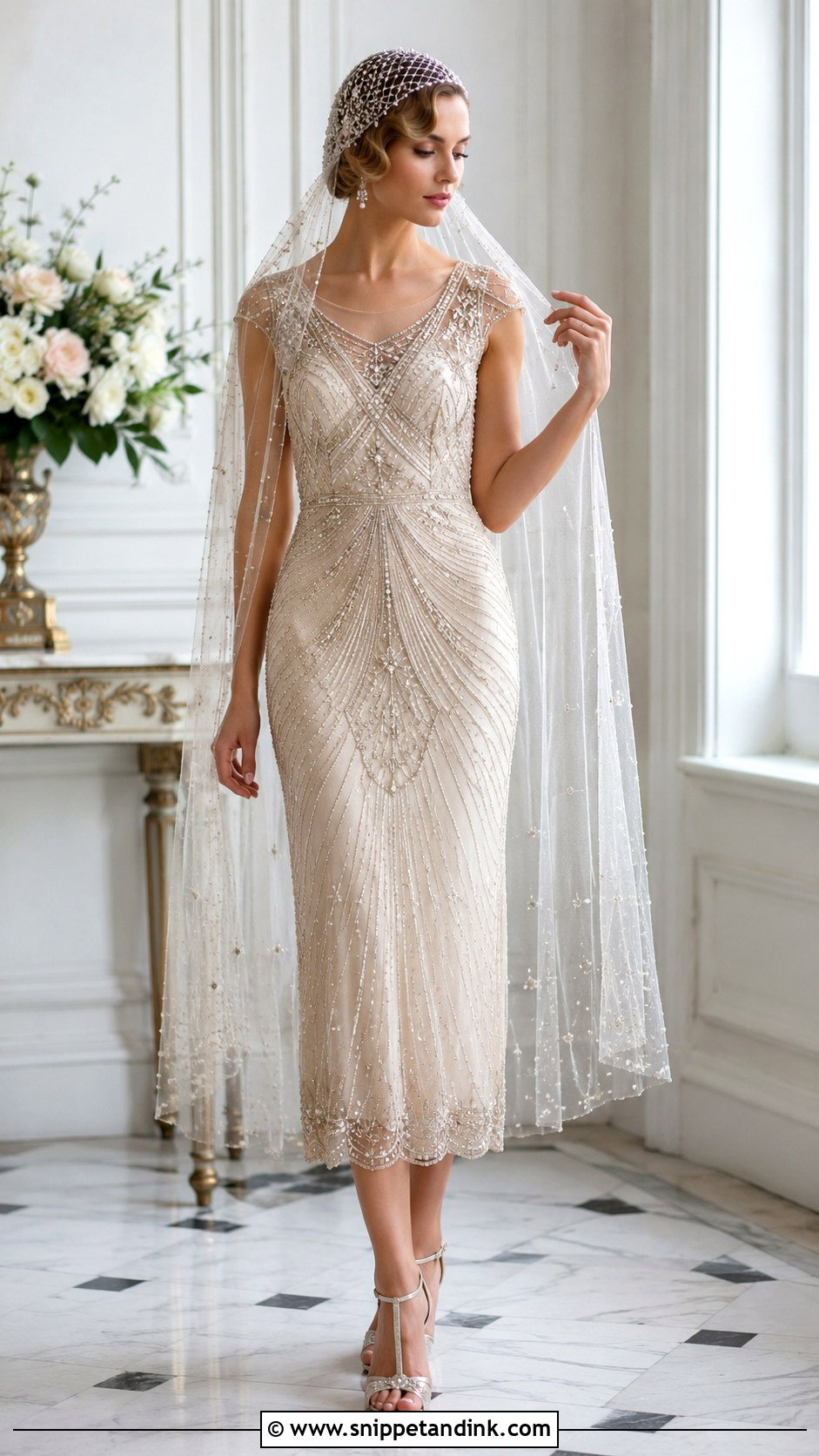 Beaded Cap Veil With Art Deco Dress - Snippet and Ink - 25 Cap Veil Ideas
