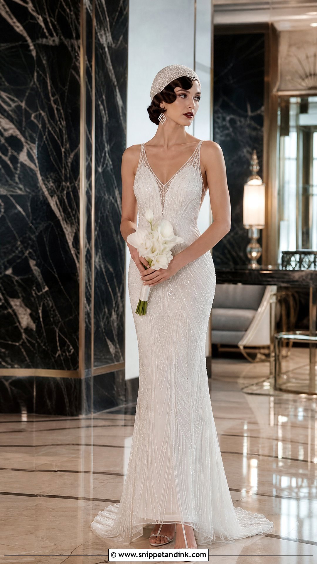 Beaded Cap Wedding Headpiece With Art Deco Gown - Snippet and Ink - 20 Wedding Head Pieces Ideas