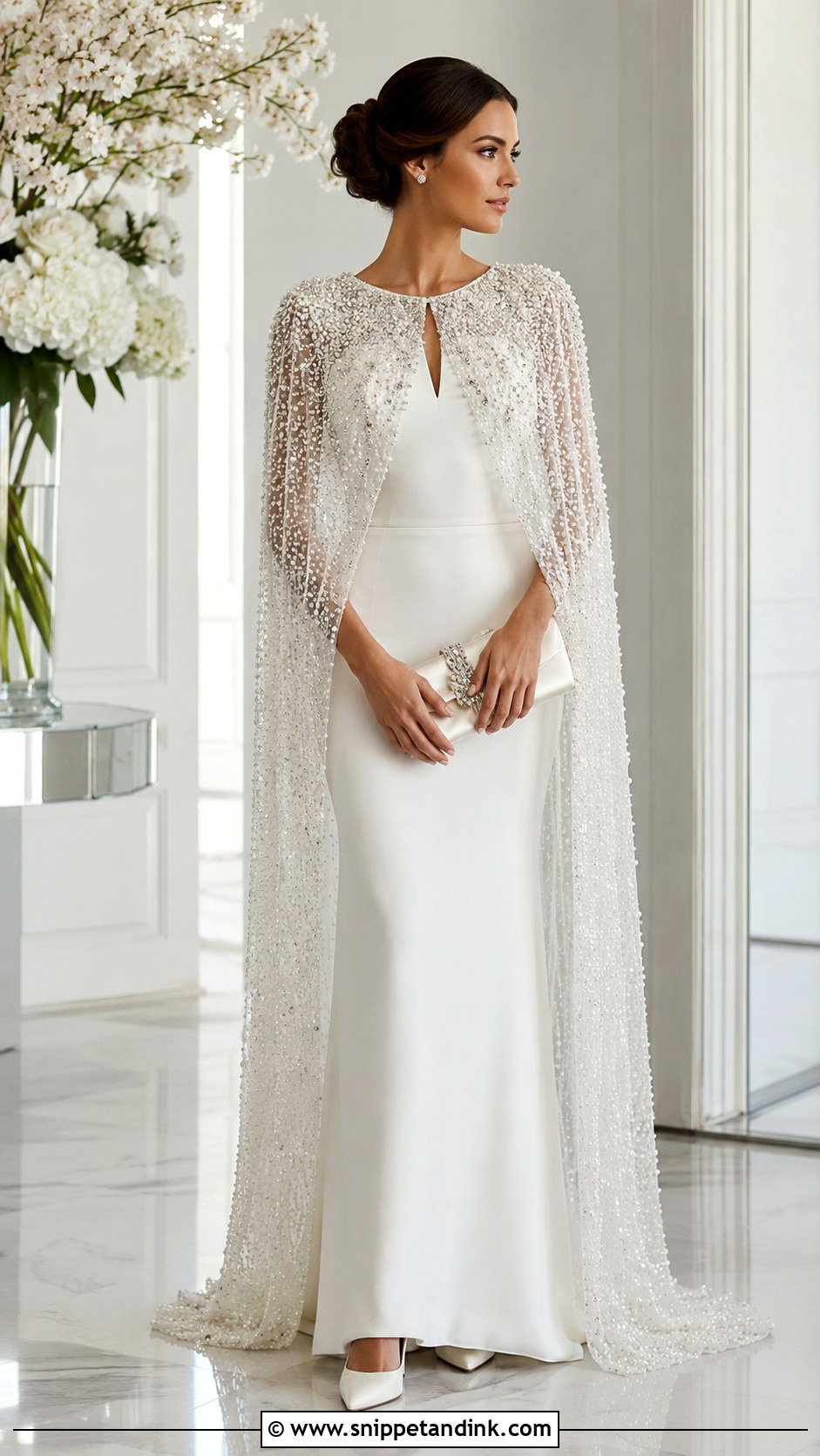 Beaded Cape Jacket With Sheath Wedding Dress - Snippet and Ink - 20 Wedding Dress with Jacket Ideas