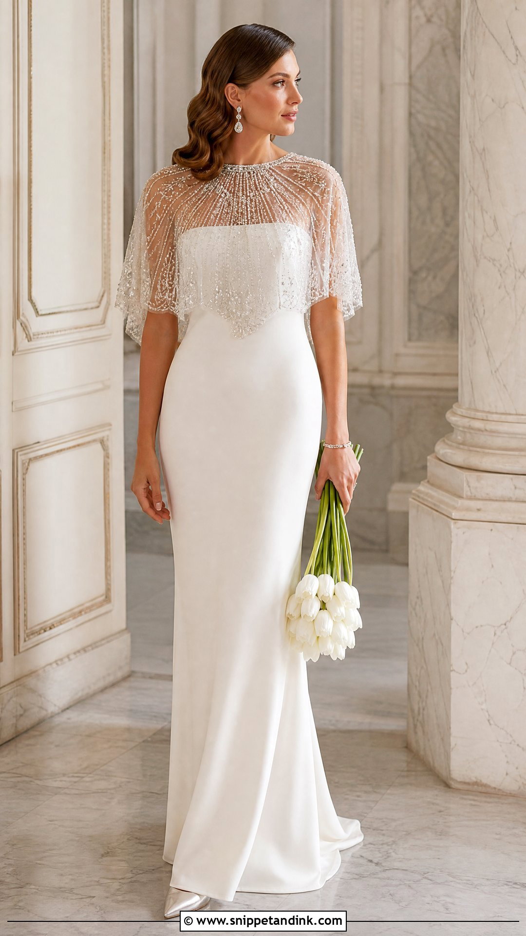 Beaded Capelet With Column Wedding Dress - Snippet and Ink - 20 Wedding Dress Capelet Ideas