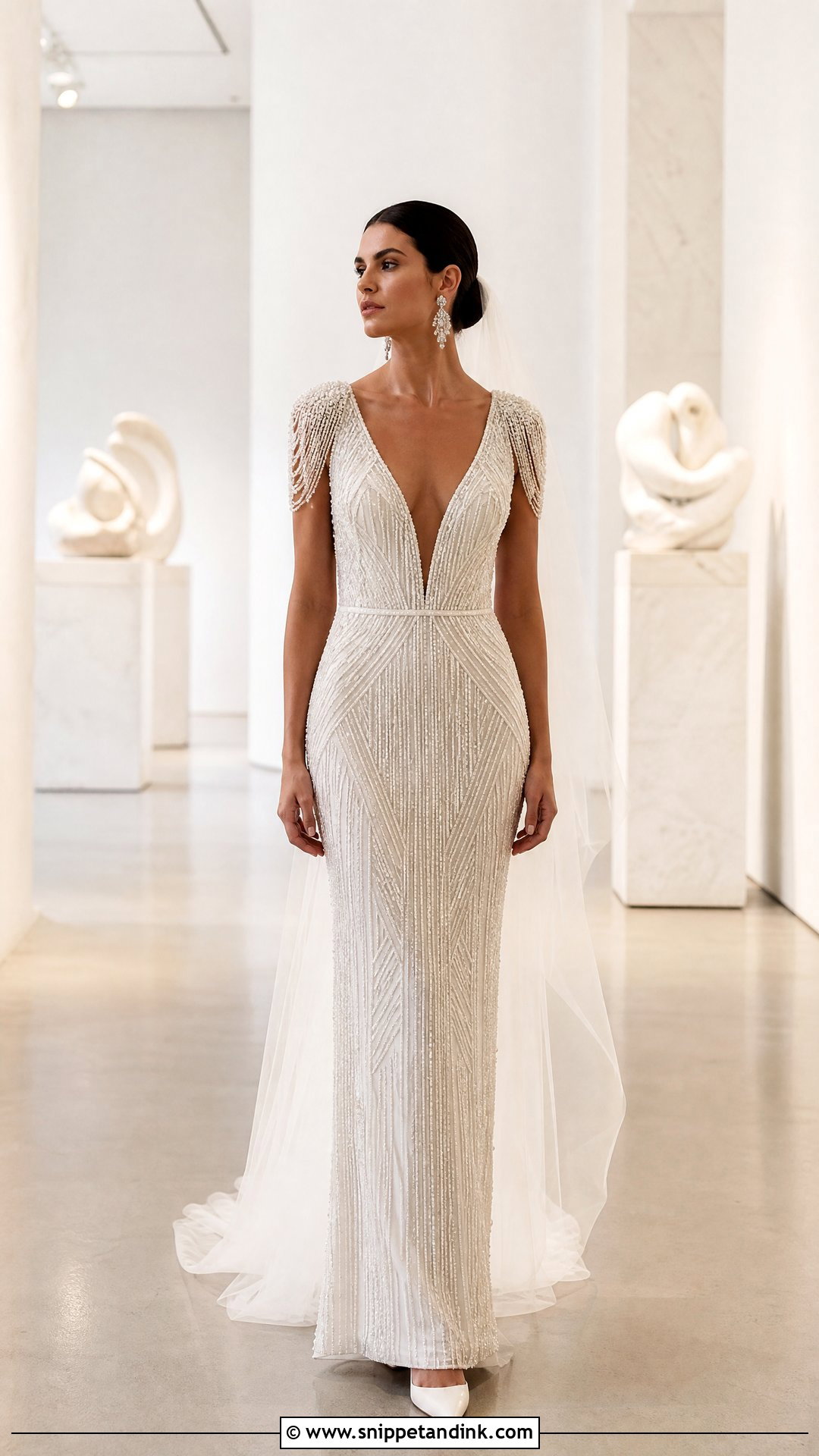 Beaded Column Soft Dramatic Wedding Dress - Snippet and Ink - 20 Soft Dramatic Wedding Dress Ideas