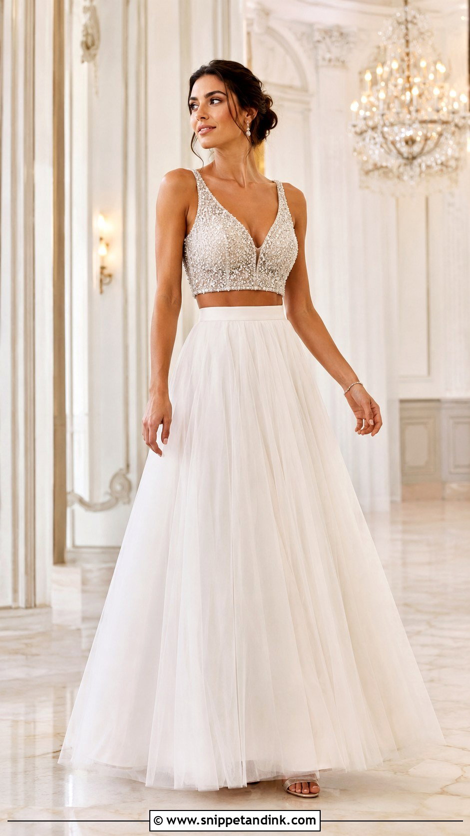 Beaded Crop Top Wedding Dress With Tulle Skirt - Snippet and Ink - 20 Crop Top Wedding Dress Ideas
