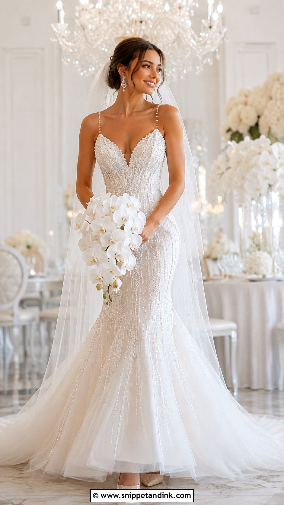 Beaded Fit And Flare Wedding Dress With Crystal Earrings - Snippet and Ink - 20 Flare Wedding Dress Ideas