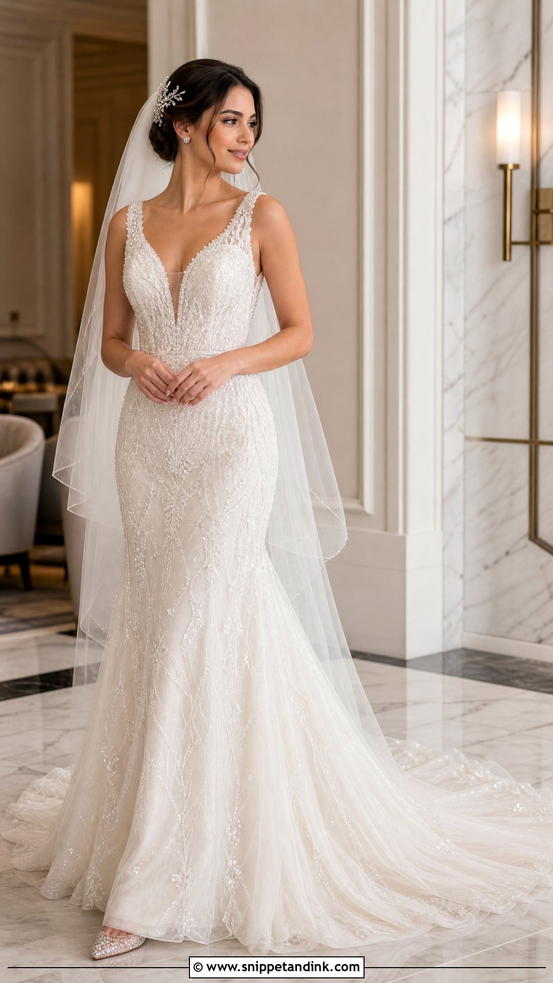 Beaded Fit And Flare Wedding Dress With Semi Cathedral Train - Snippet and Ink - 20 Wedding Dress Train Lengths Ideas