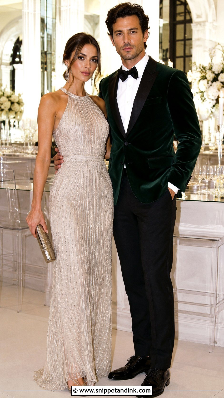 Beaded Gown And Velvet Tuxedo Couple Wedding Outfit - Snippet and Ink - 20 Couple Matching Wedding Outfits