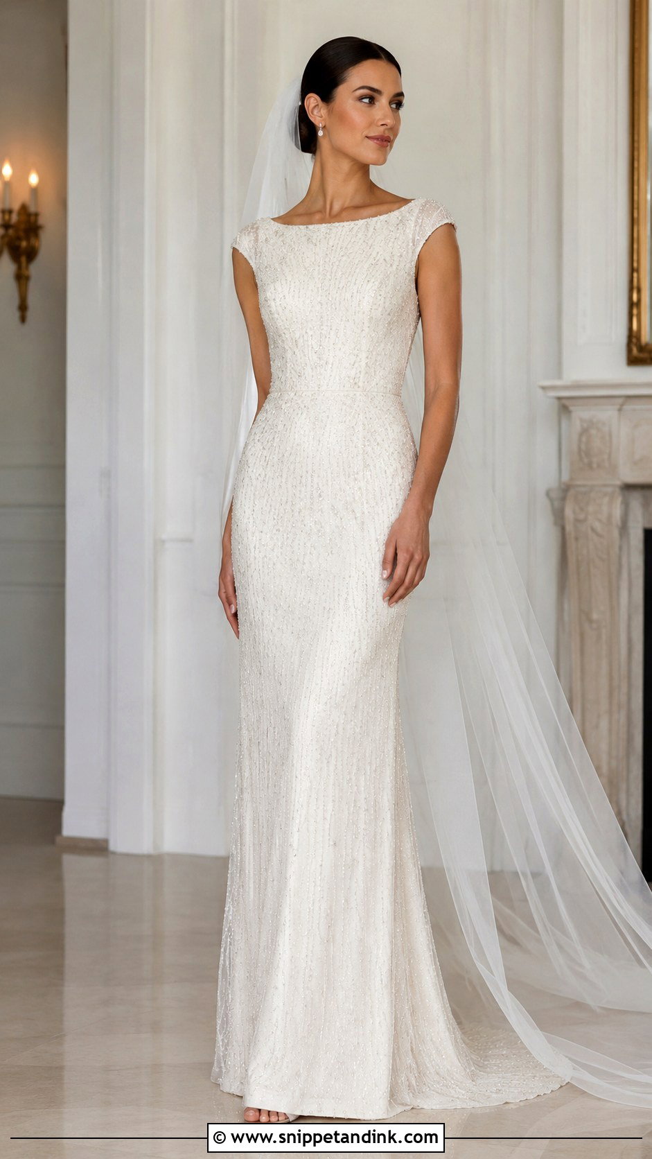 Beaded Gown With Plain Cap Veil - Snippet and Ink - 25 Cap Veil Ideas