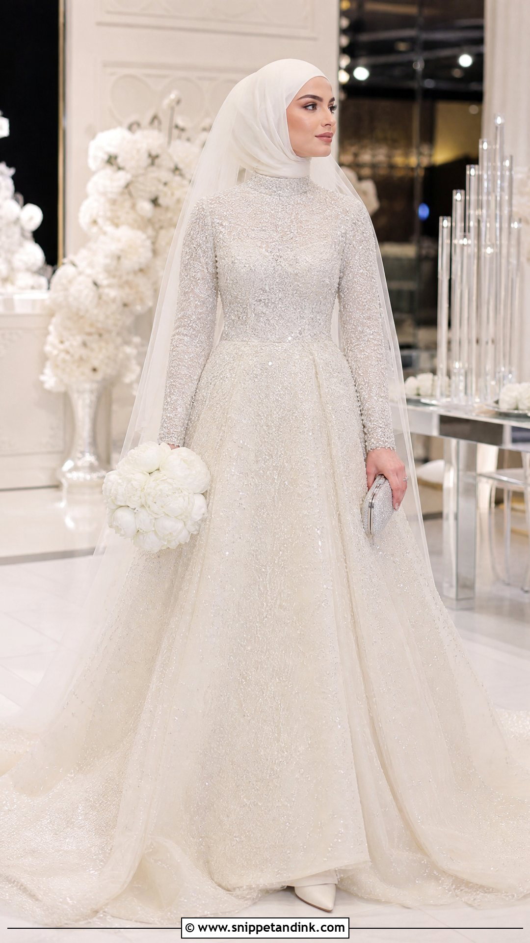 Beaded High Neck Hijab Wedding Dress - Snippet and Ink - 20 Wedding Dresses for Hijabi Girl