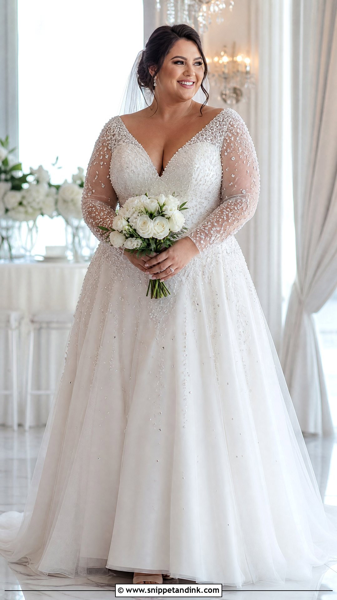 Beaded Illusion Sleeve Plus Size Wedding Gown - Snippet and Ink - 20 Plus Size Wedding Gowns with Sleeves
