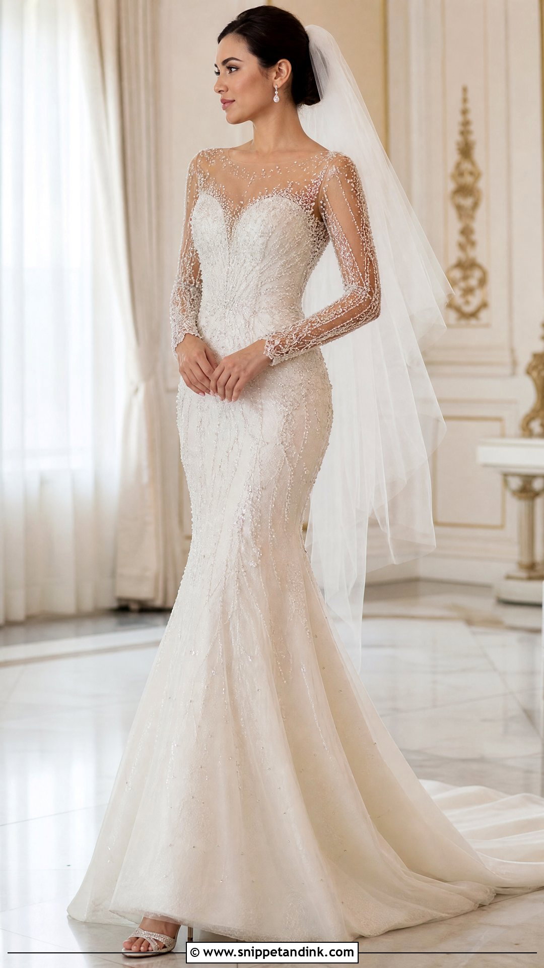 Beaded Illusion Sleeve Trumpet Wedding Dress - Snippet and Ink - 20 Pretty Wedding Dresses with Sleeves