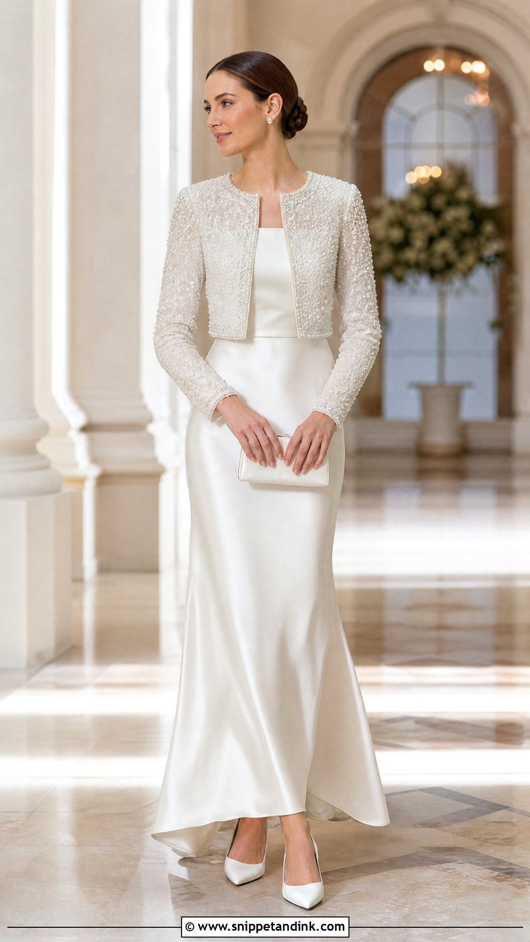Beaded Jacket With Simple Satin Wedding Dress - Snippet and Ink - 20 Wedding Jacket Bride Cover Up Ideas