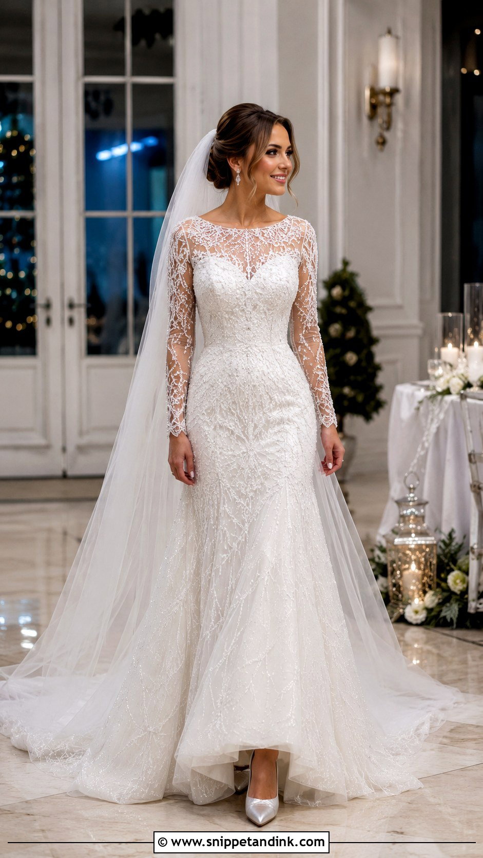 Beaded January Wedding Dress With Cathedral Veil - Snippet and Ink - 20 January Wedding Dress Ideas