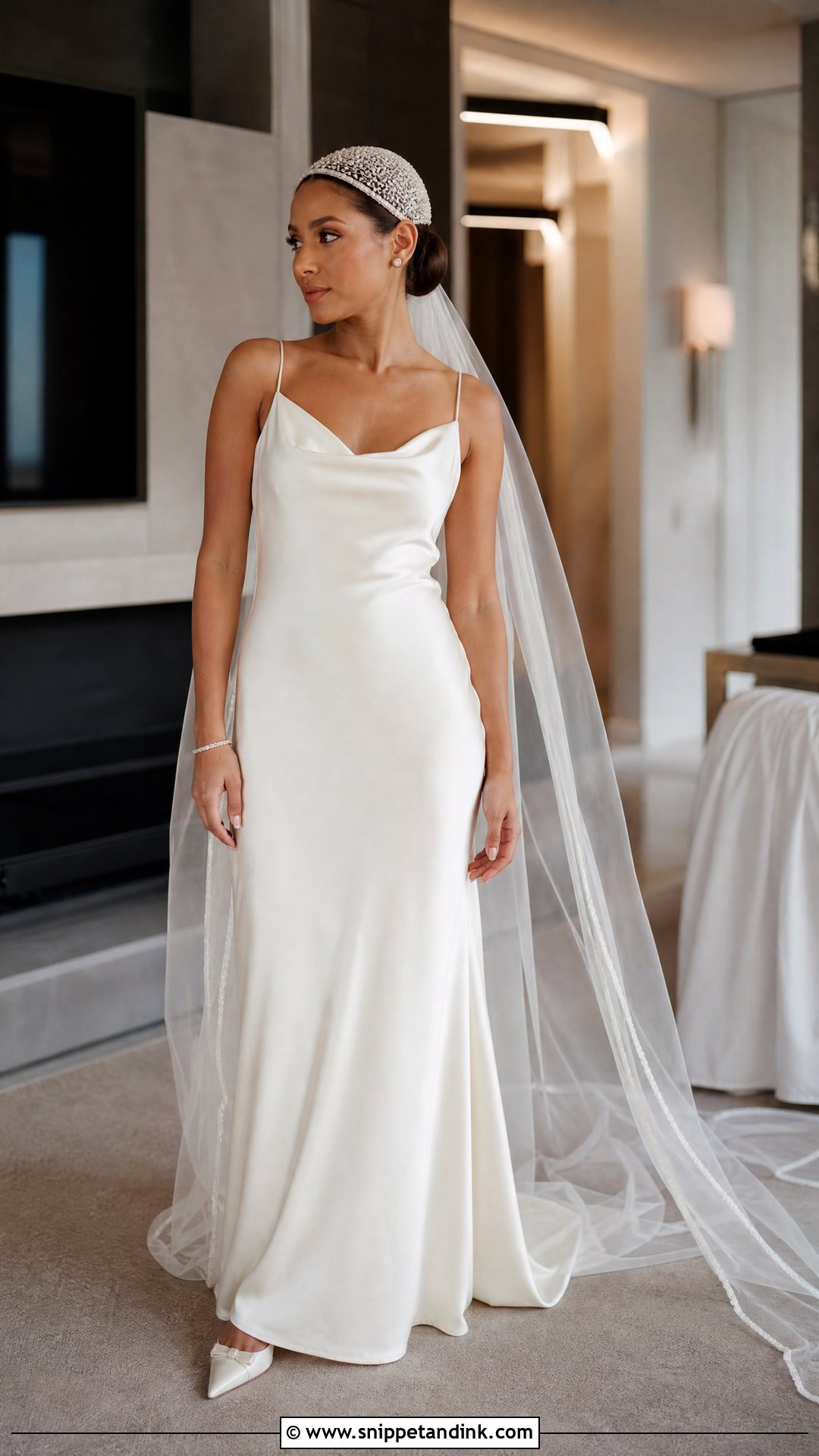 Beaded Juliet Cap With Satin Slip Dress - Snippet and Ink - 20 Wedding Cap Ideas