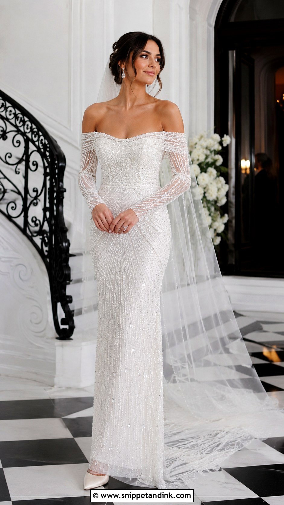 Beaded Long Sleeve Off Shoulder Wedding Dress - Snippet and Ink - 25 Long Sleeve Off Shoulder Wedding Dress Ideas