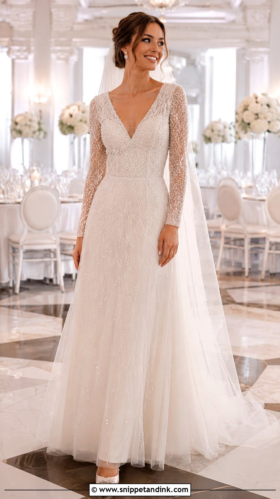 Beaded Long Sleeve V Neck Wedding Dress - Snippet and Ink - 20 Long Sleeve V Neck Wedding Dress Ideas