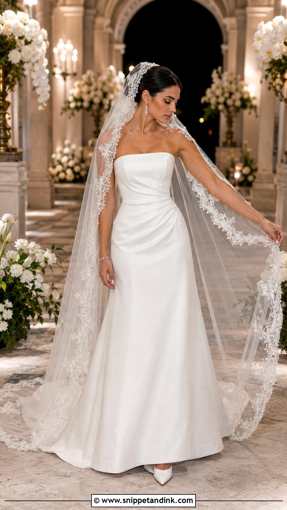 Beaded Mantilla Cathedral Veil With Strapless Dress - Snippet and Ink - 20 Mantilla Cathedral Veil Ideas