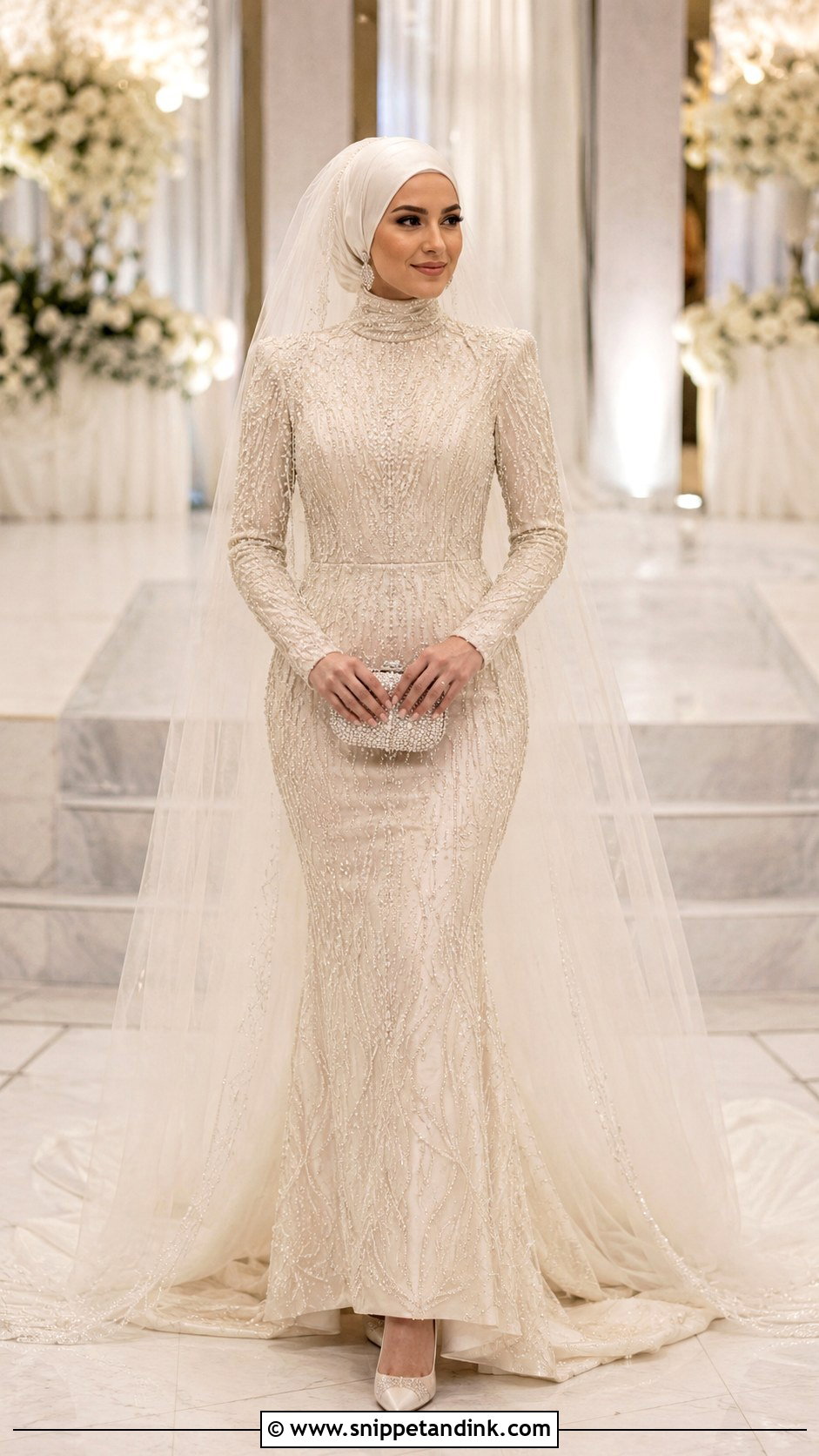 Beaded Mermaid Dress With Satin Bridal Hijab - Snippet and Ink - 20 Bridal with Hijab Ideas