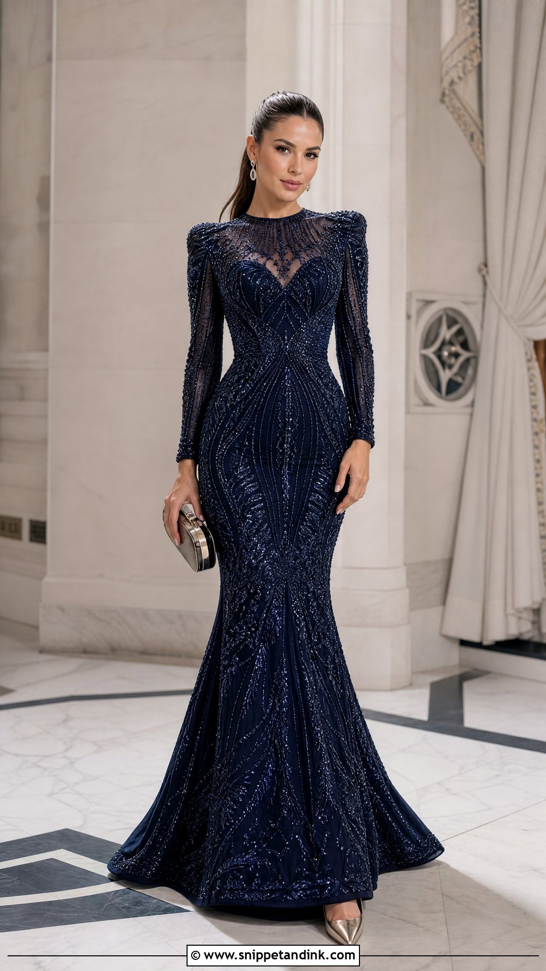 Beaded Mermaid Long Gown with Sleeves - Snippet and Ink - 20 Long Gown with Sleeves