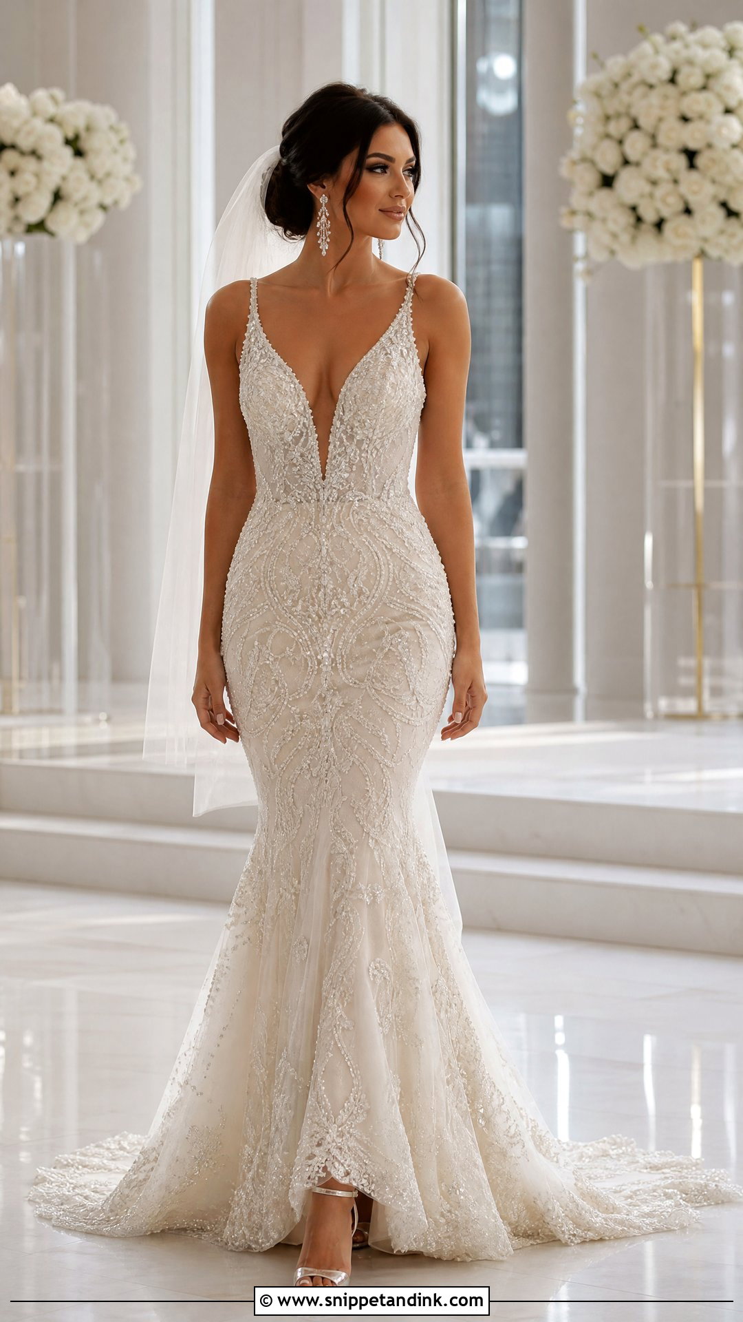 Beaded Mermaid Plunging Neckline Wedding Dress - Snippet and Ink - 20 Plunging Neckline Wedding Dress Ideas
