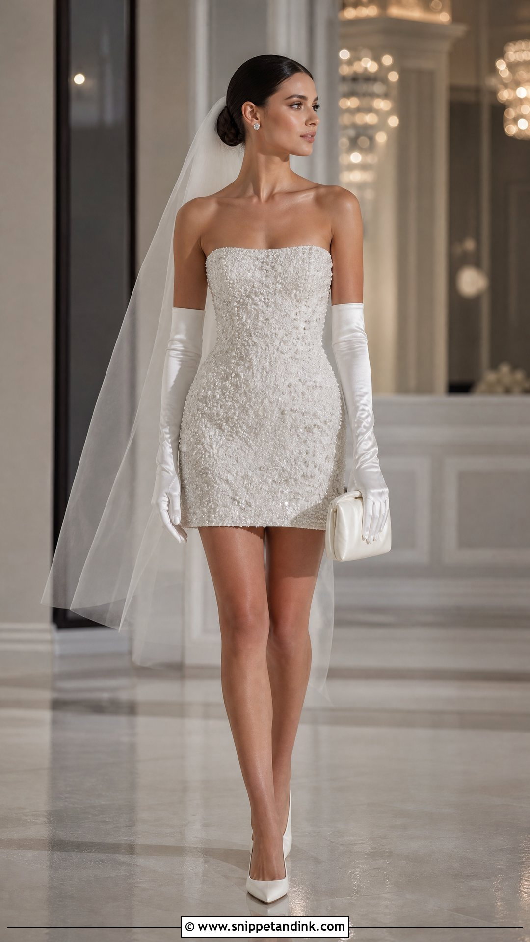 Beaded Mini Wedding Dress With Plain Satin Gloves - Snippet and Ink - 20 Short Wedding Dress with Gloves Ideas