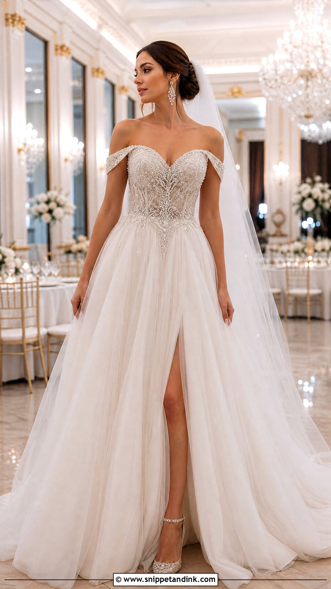 Beaded Off the Shoulder Ball Gown Wedding Dress - Snippet and Ink - 20 Off the Shoulder Ball Gown Wedding Dress Ideas