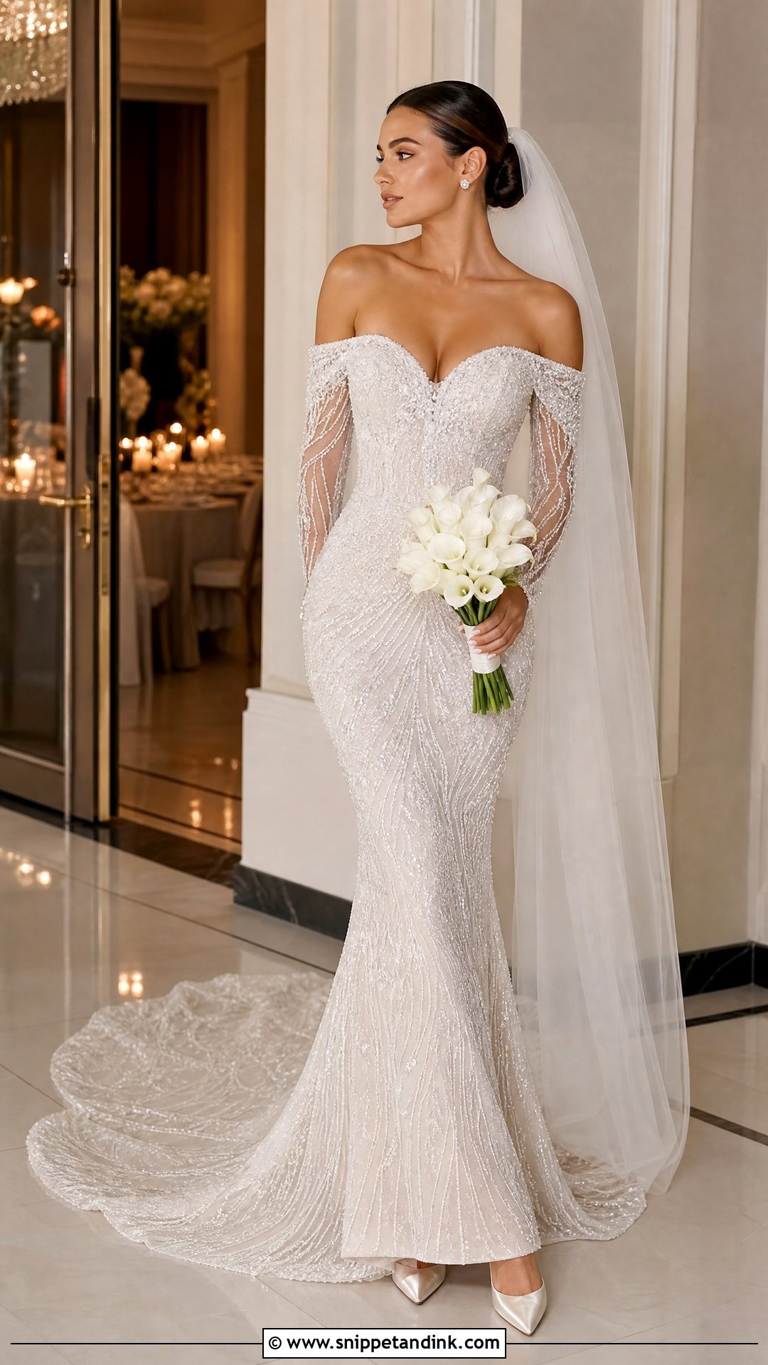 Beaded Off the Shoulder Long Sleeve Wedding Dress - Snippet and Ink - 20 Off the Shoulder Long Sleeve Wedding Ideas