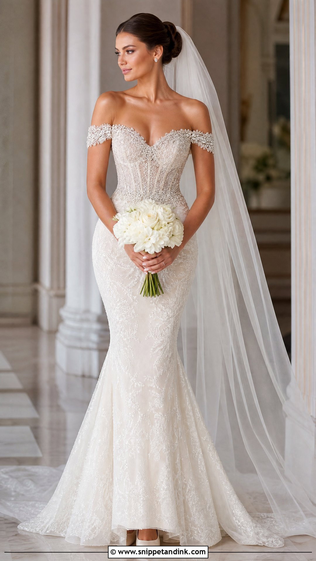 Beaded Off the Shoulder Mermaid Wedding Dress - Snippet and Ink - 20 Off the Shoulder Mermaid Wedding Dress Ideas