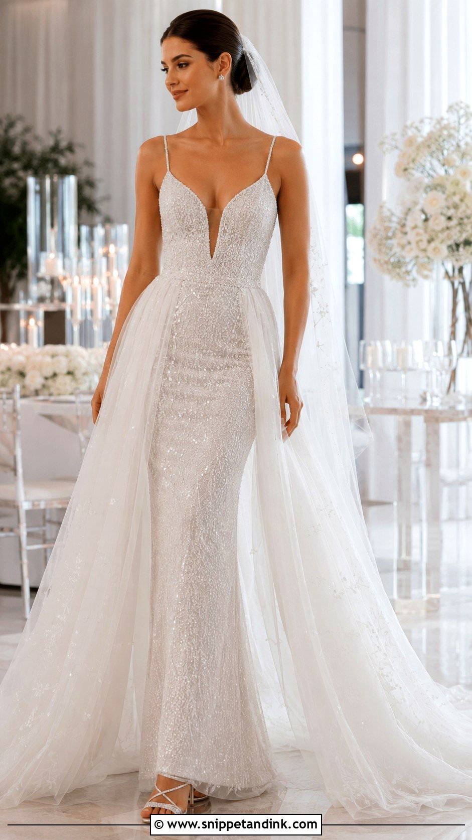 Beaded Sheath Wedding Gown With Detachable Tulle Skirt - Snippet and Ink - 20 2 Way Wedding Gown Ideas