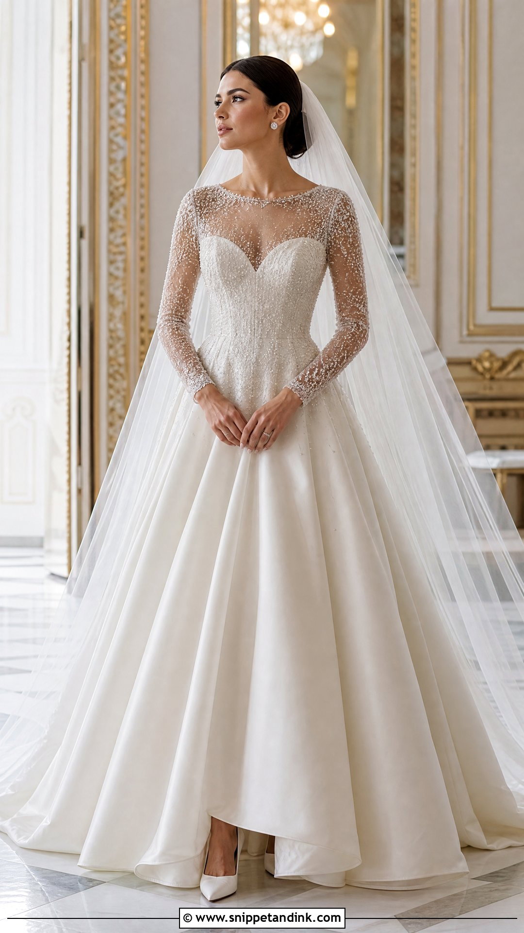 Beaded Sheer Sleeve Ball Gown Wedding Dress - Snippet and Ink - 20 Sheer Sleeve Wedding Dress Ideas