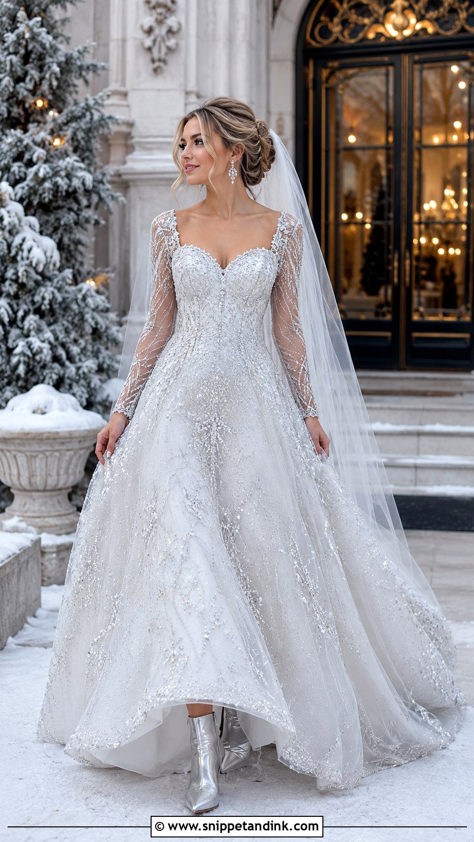 Beaded Snow Wedding Dress With Long Sleeves - Snippet and Ink - 20 Snow Wedding Dress Ideas