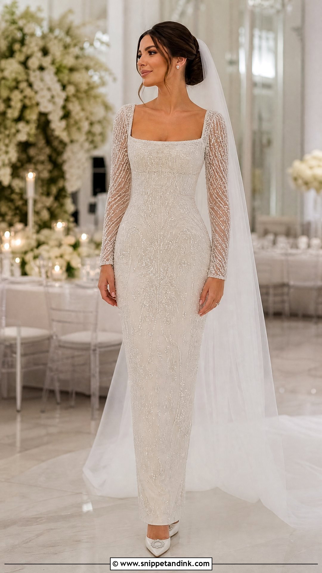 Beaded Square Neck Long Sleeve Wedding Dress - Snippet and Ink - 20 Square Neck Long Sleeve Wedding Dress Ideas