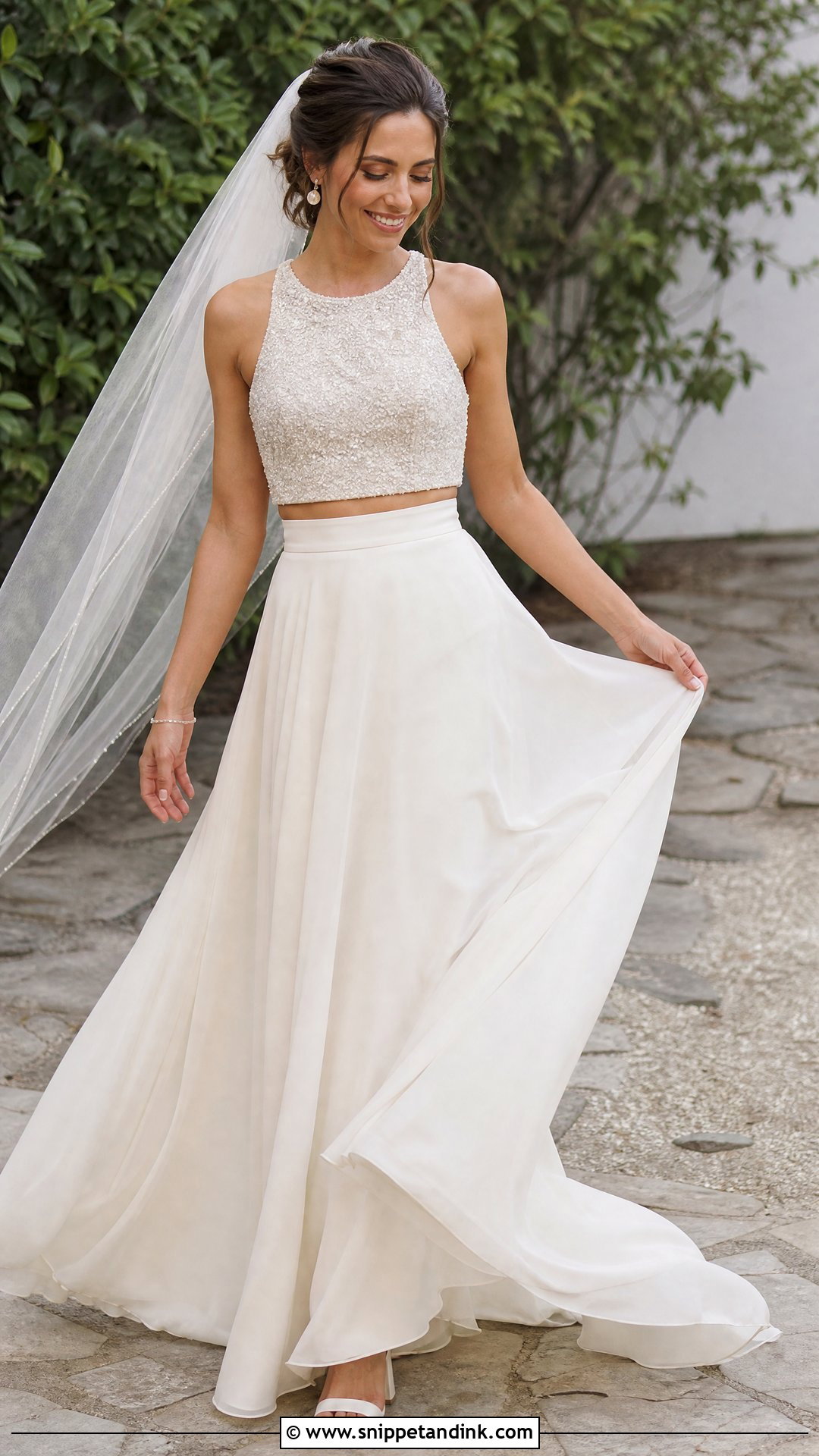 Beaded Top And Chiffon Skirt Two Piece Wedding Dress - Snippet and Ink - 20 Wedding Two Piece Dress Ideas