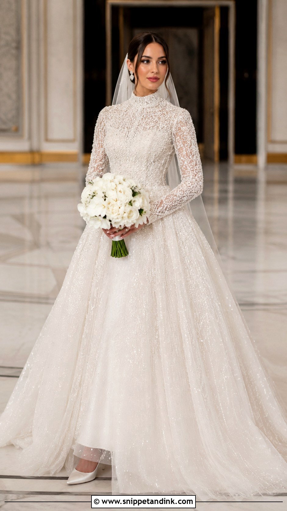 Beaded Tulle Ball Gown With Long Sleeves - Snippet and Ink - 20 Modest Long Sleeve Wedding Dresses