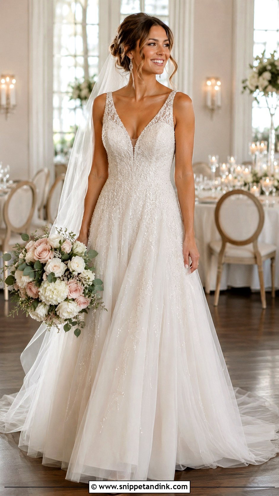Beaded Tulle V Neck A Line Wedding Dress - Snippet and Ink - 20 V Neck a Line Wedding Dress Ideas