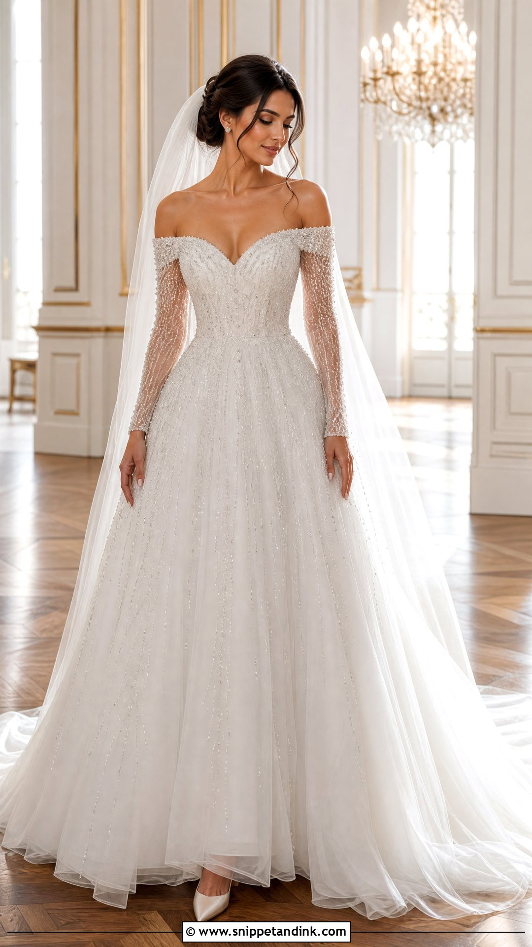 Beaded Tulle Wedding Dress With Long Sleeves - Snippet and Ink - 20 Wedding Dresses Off the Shoulder Sleeves