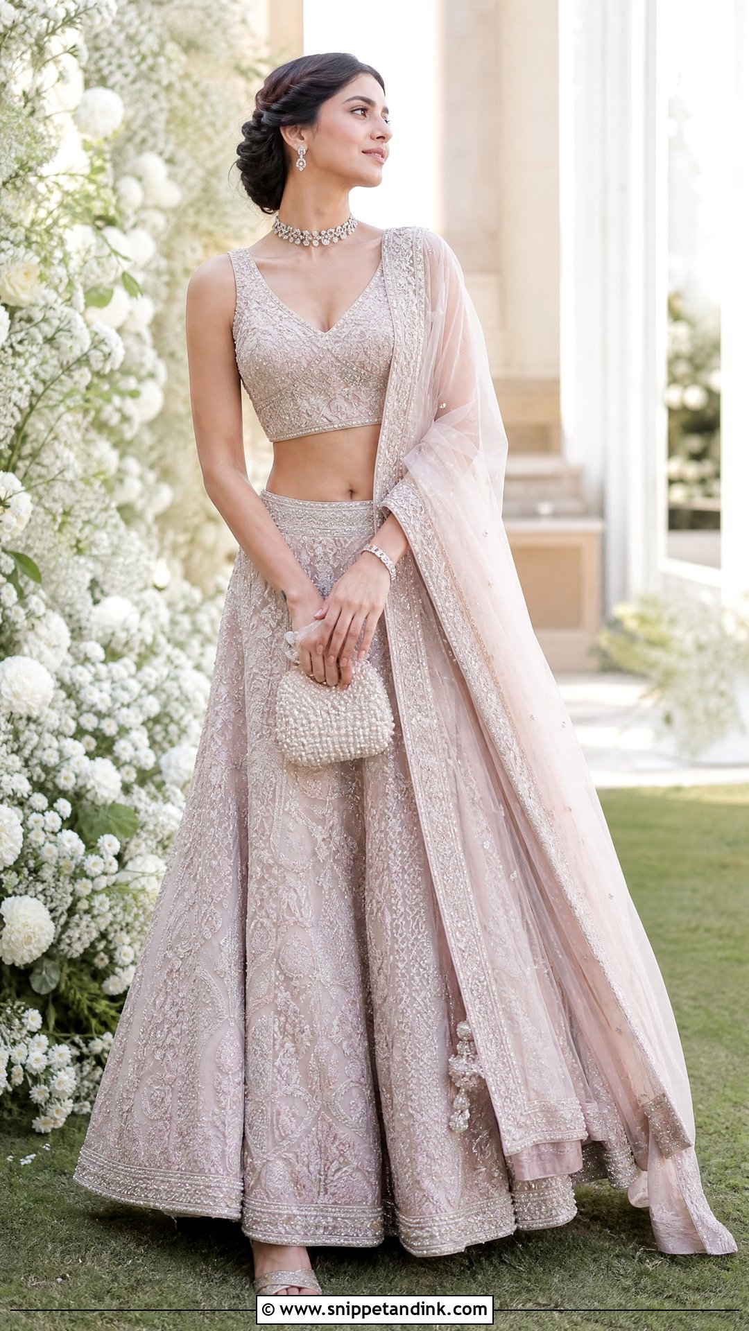 Beaded V Neck Bridal Blouse With Pastel Lehenga - Snippet and Ink - 20 V Neck Bridal Blouse Ideas