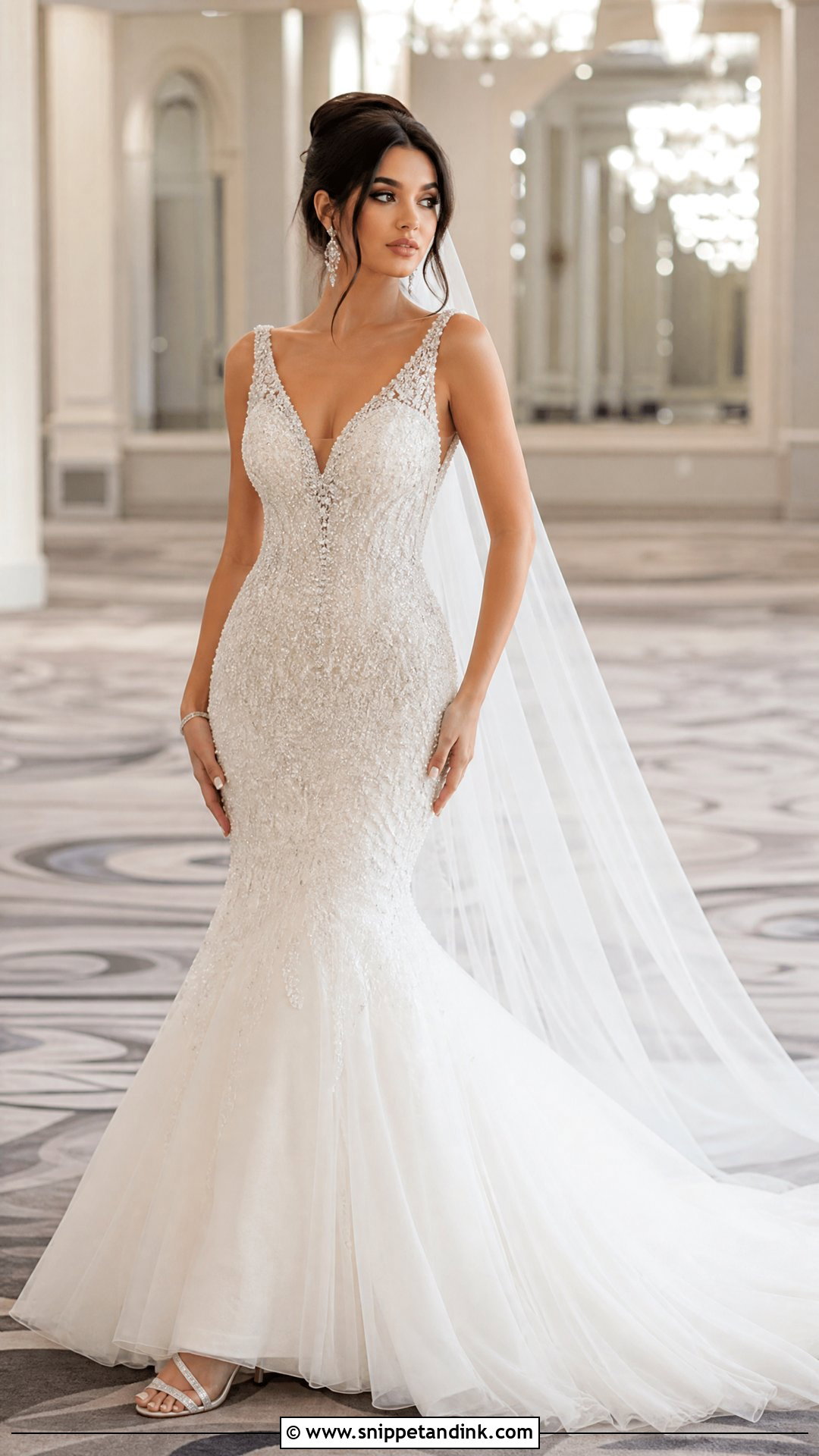 Beaded V Neck Trumpet Wedding Gown - Snippet and Ink - 20 Trumpet Wedding Gown Ideas
