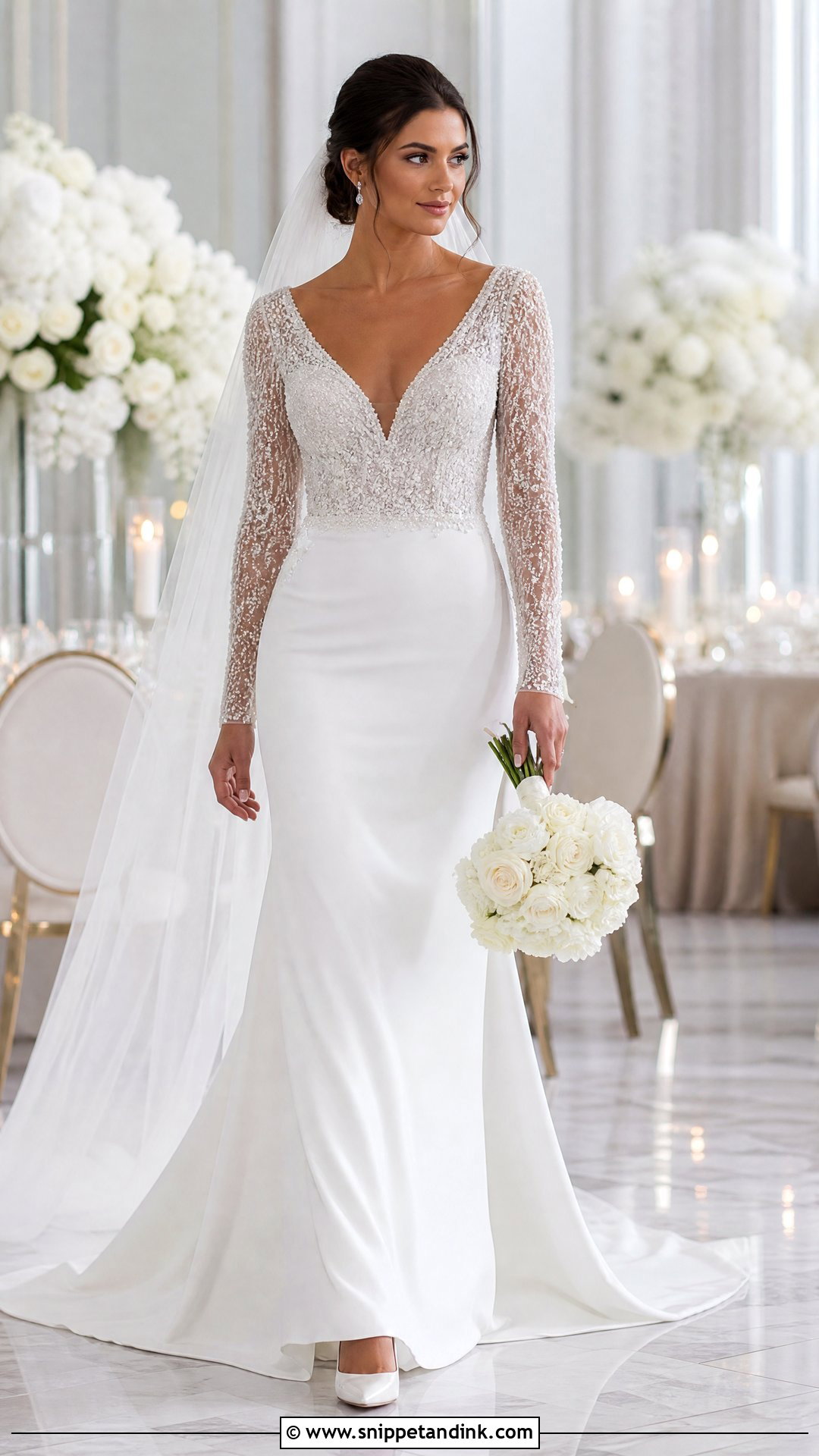 Beaded V Neck Wedding Dress With Sleeves - Snippet and Ink - 20 V Neck Wedding Dress with Sleeves