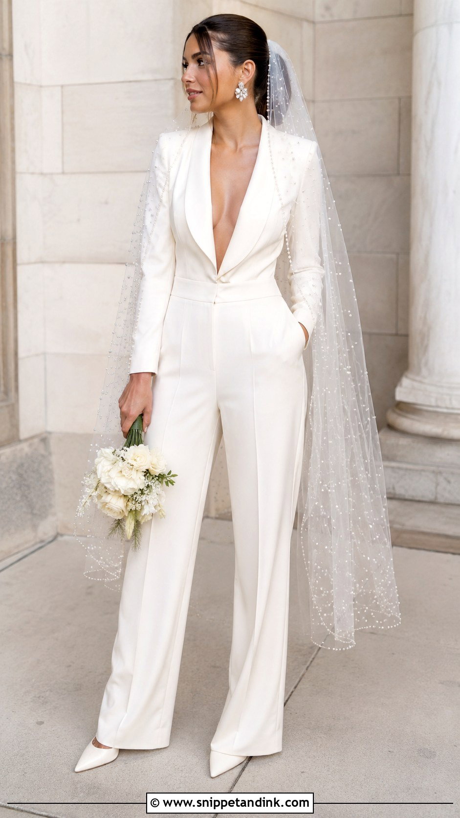 Beaded Veil With Bridal Jumpsuit - Snippet and Ink - 25 Beaded Veil Ideas