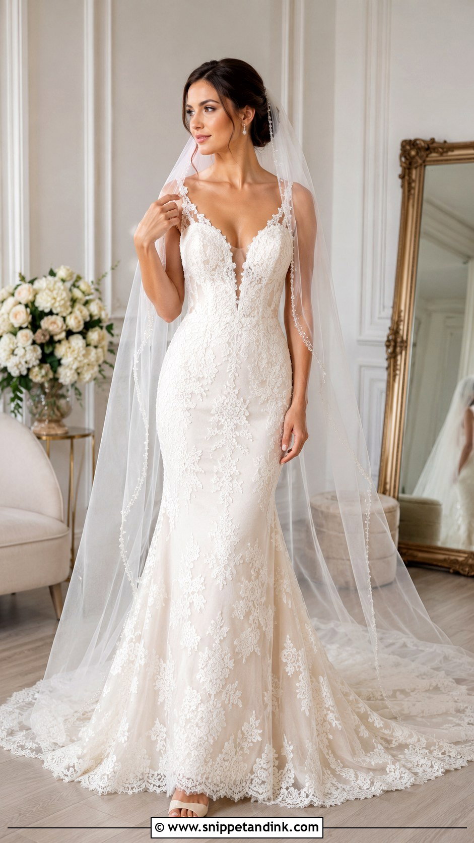 Beaded Veil With Lace Dress - Snippet and Ink - 25 Beaded Veil Ideas