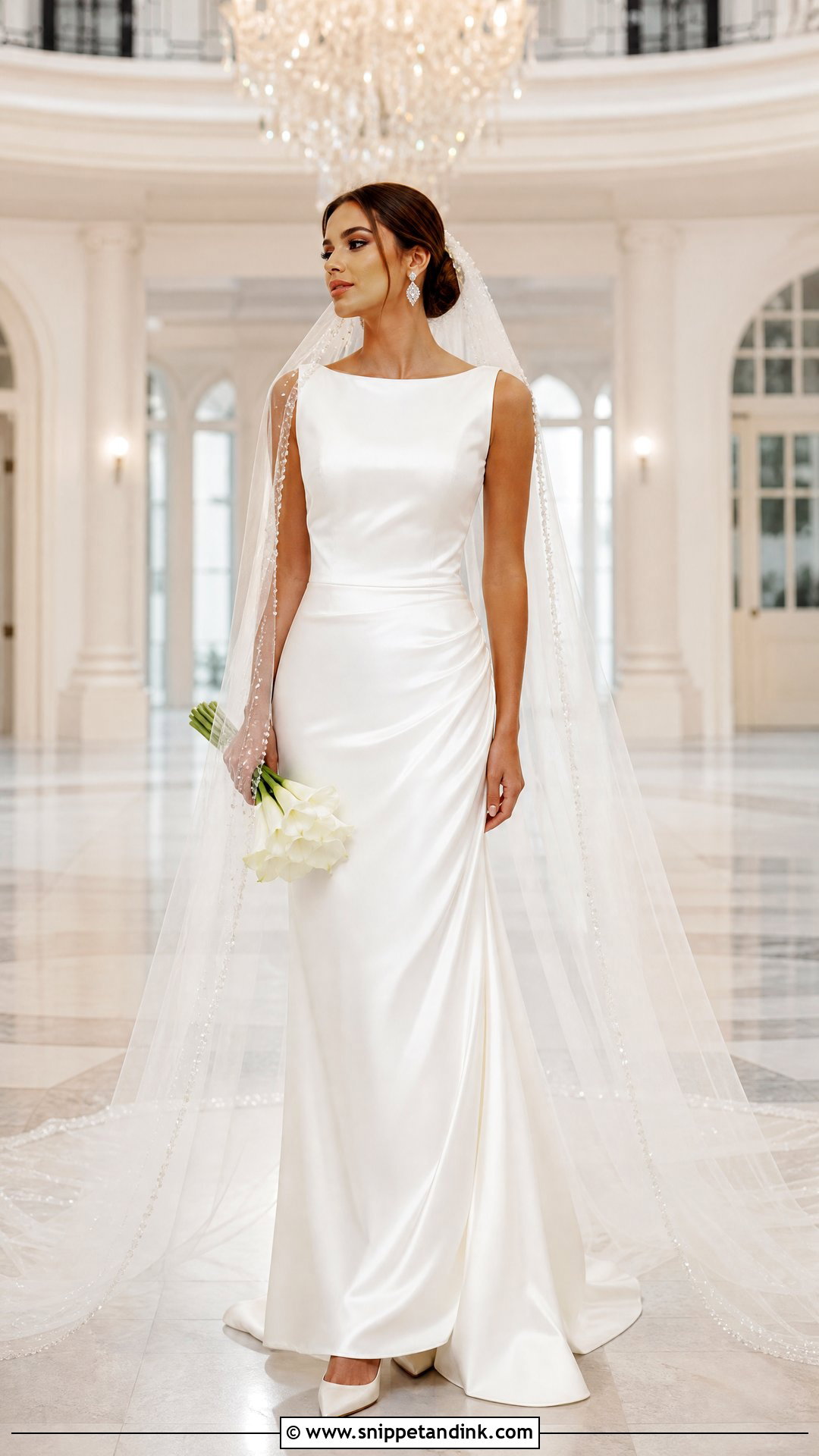 Beaded Veil With Satin Column Dress - Snippet and Ink - 20 Veiled Bride Ideas