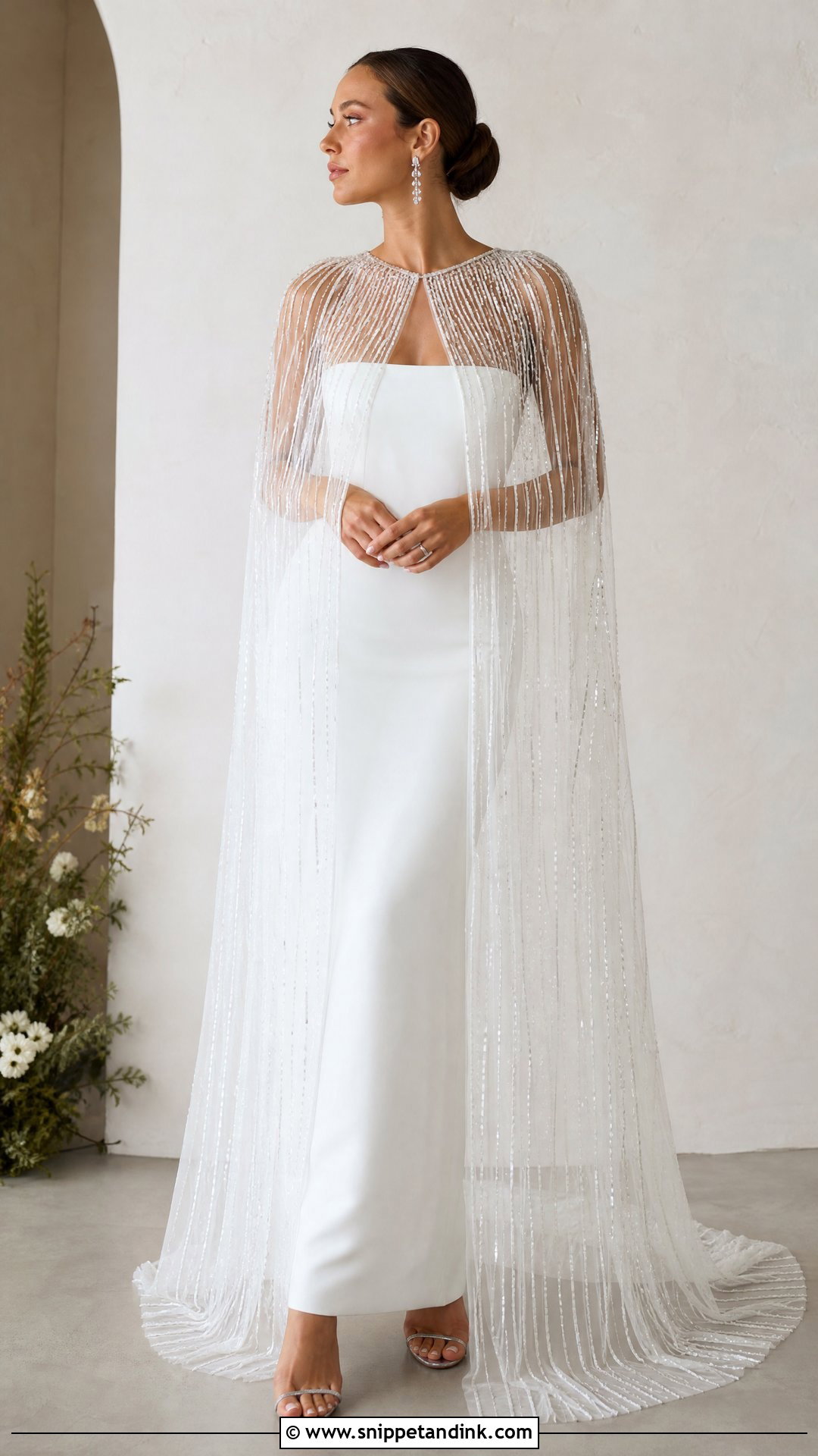 Beaded Wedding Cloak With Minimal Wedding Dress - Snippet and Ink - 25 Wedding Cloak Ideas