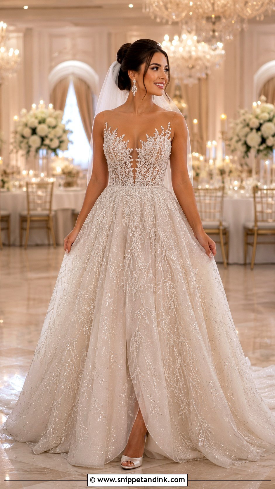 Beaded Wedding Dress Ballgown With Sheer Bodice - Snippet and Ink - 25 Extravagant Wedding Dress Ballgown Ideas