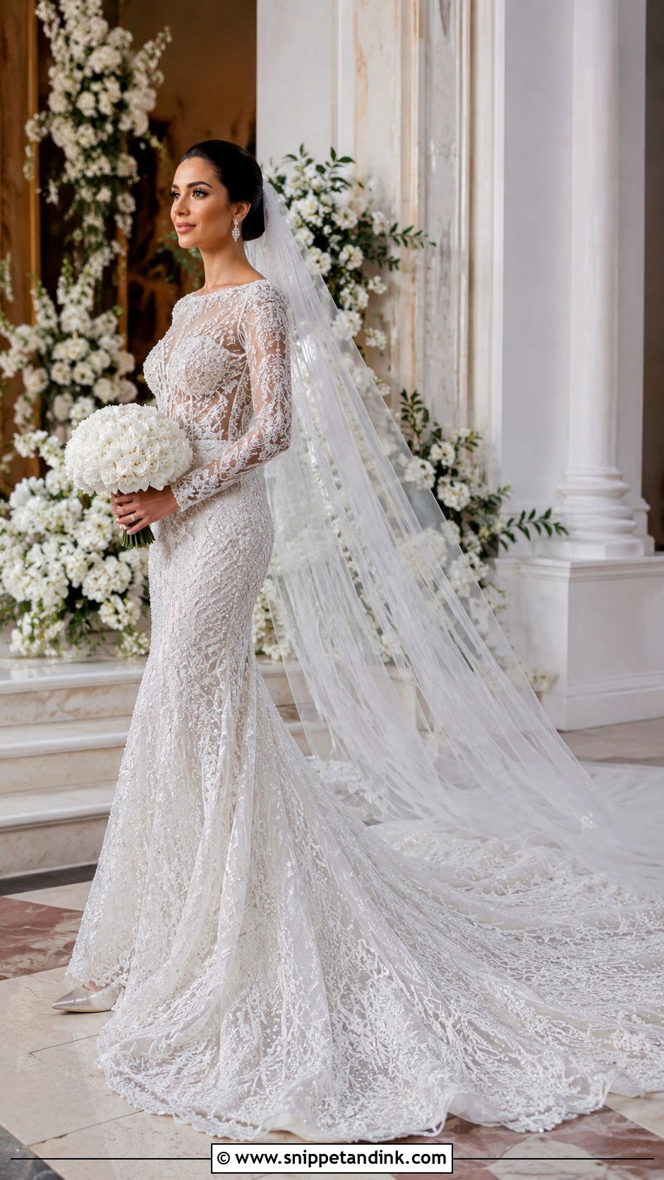 Beaded Wedding Dress With Cathedral Train - Snippet and Ink - 20 Long Sleeve Beaded Wedding Dress Ideas