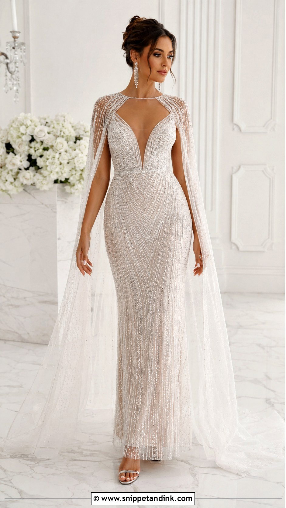 Beaded Wedding Dress With Detachable Sheer Cape - Snippet and Ink - 25 Two in One Wedding Dress Ideas