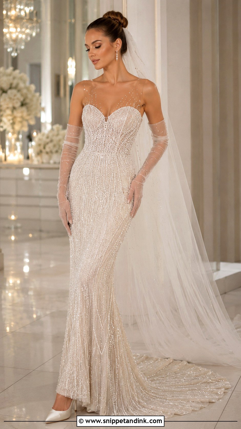Beaded Wedding Gown With Sheer Gloves - Snippet and Ink - 25 Wedding Gown with Gloves Ideas