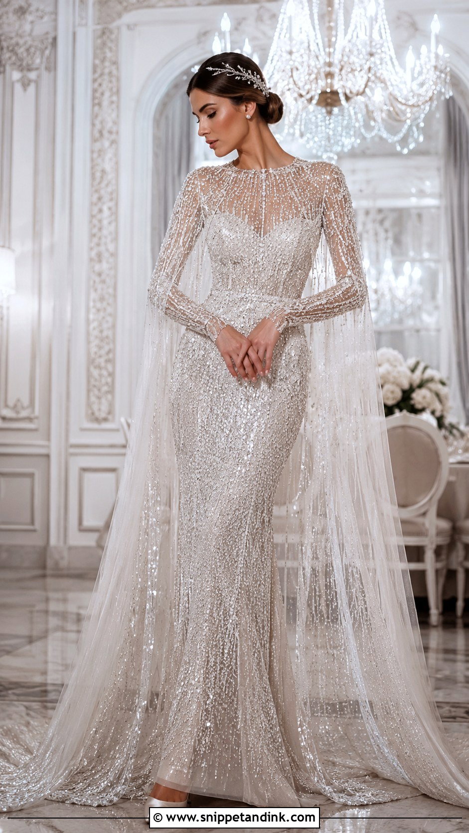 Beaded Winter Bridal Gown With Sheer Cape - Snippet and Ink - 20 Winter Bridal Outfit Ideas