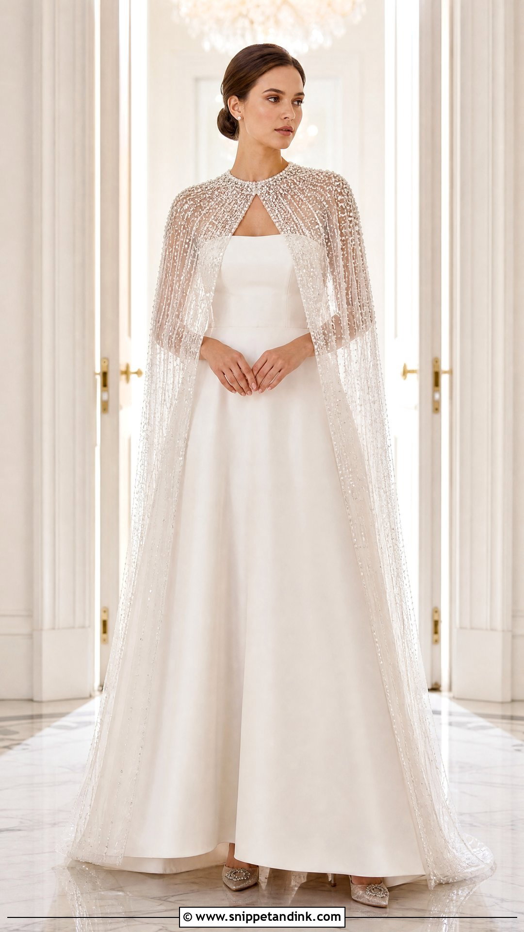 Beaded Winter Wedding Cape With Simple A Line Gown - Snippet and Ink - 20 Winter Wedding Cape Ideas